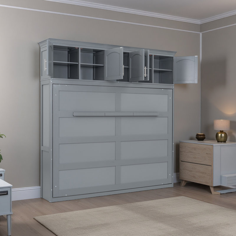 Unité murale escamotable avec armoires supérieures Murphy - Lit escamotable peu encombrant, Gris, Full