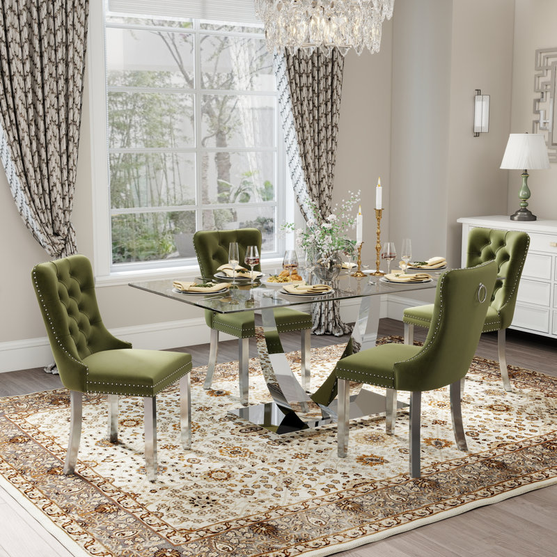 Ensemble de salle à manger rectangulaire l 35,4 po Kelisia, H 30 po x L 63 po x l 35,4 po, Vert olive, Argent