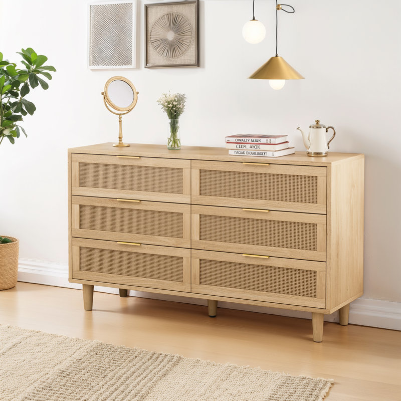 Commode double 6 tiroirs Eskil, 29.53"H x 51.18"W x 15.75"D, Naturel