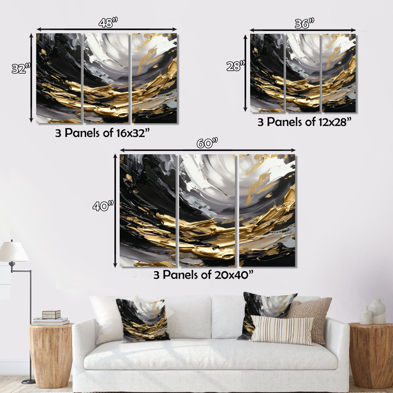 «Dreams of Abundance», ensemble de reproductions sur toile abstraites noires et dorées III, H 32 po x l 48 po x P 1 po