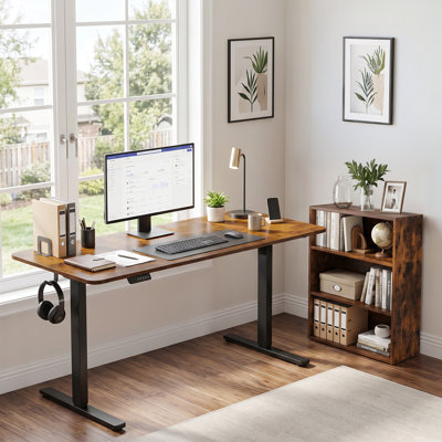 Home Office Furniture Set with Adjustable Electric Standing Desk and Bookshelf