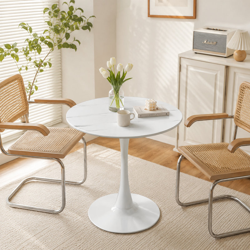  Table bistro ronde moderne en faux marbre blanc avec base tulipe pour petits espaces, Blanc, H 29 po x L 24 po x l 24 po