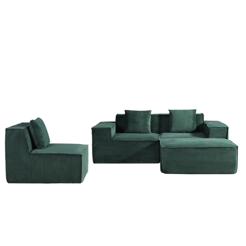 86'' L Shaped Couch With Armrest Organizer,3 Seats Sofas With Movable Ottoman,Comfy Sectional Sofa With Thick Cushion,Linen Sectional Couches For Living Room,Bedroom,Apartment,Dark Green