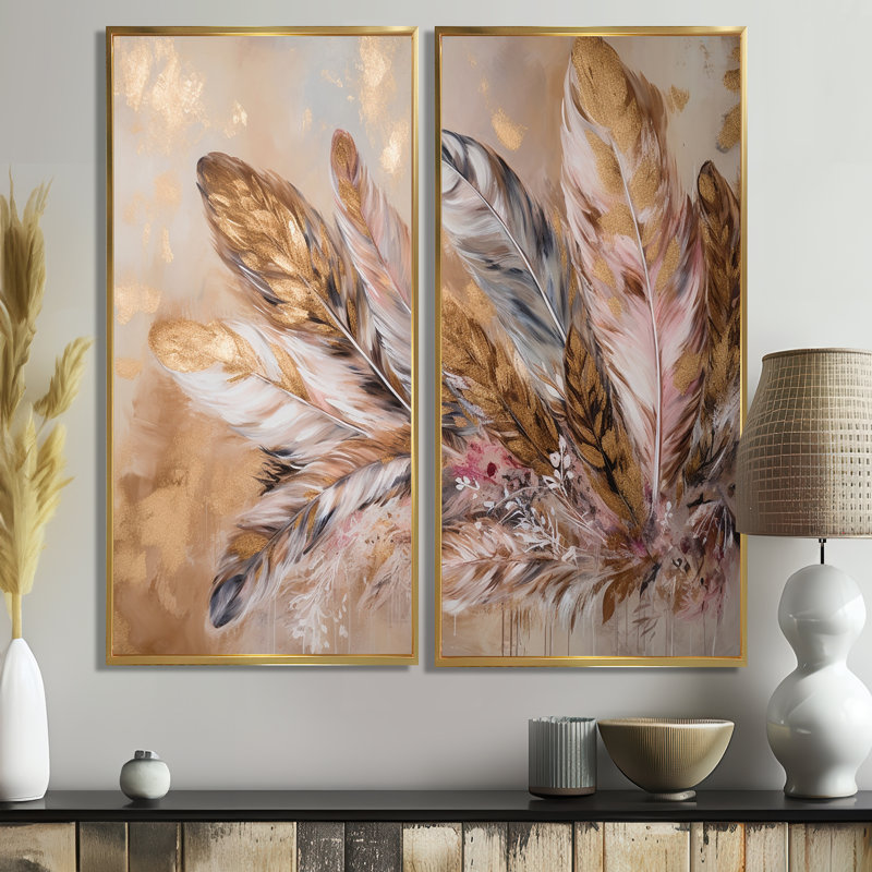 Plume dorée Boho Majesty - art mural 2 panneaux Glam Feather, H 40 po x l 40 po, Impression encadrée flottante, Doré