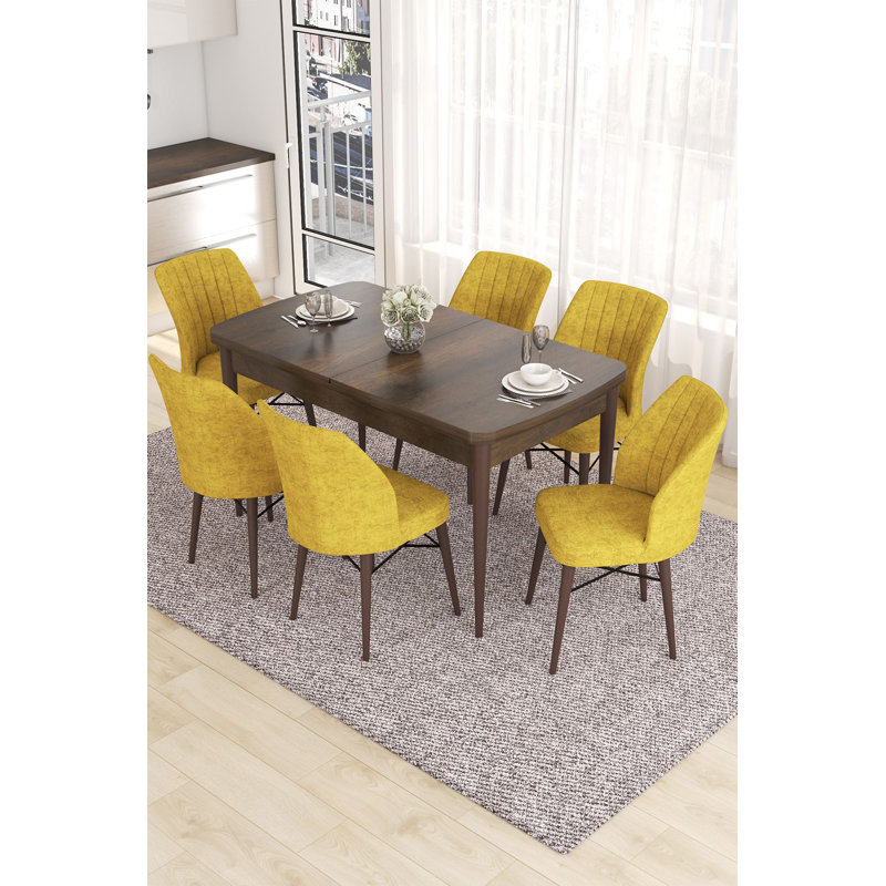 Ensemble de table et chaises de salle à manger extensible (7 pièces), baroque et moutarde | 100% panneau de fibres à densité moyenne avec pieds en bois, structure de chaise en métal | Table: 51,9 po x 30,7 po x 31 po (ouverture: 66,9 po) | Confortable dossier 22 en mousse et siège 28 en mousse