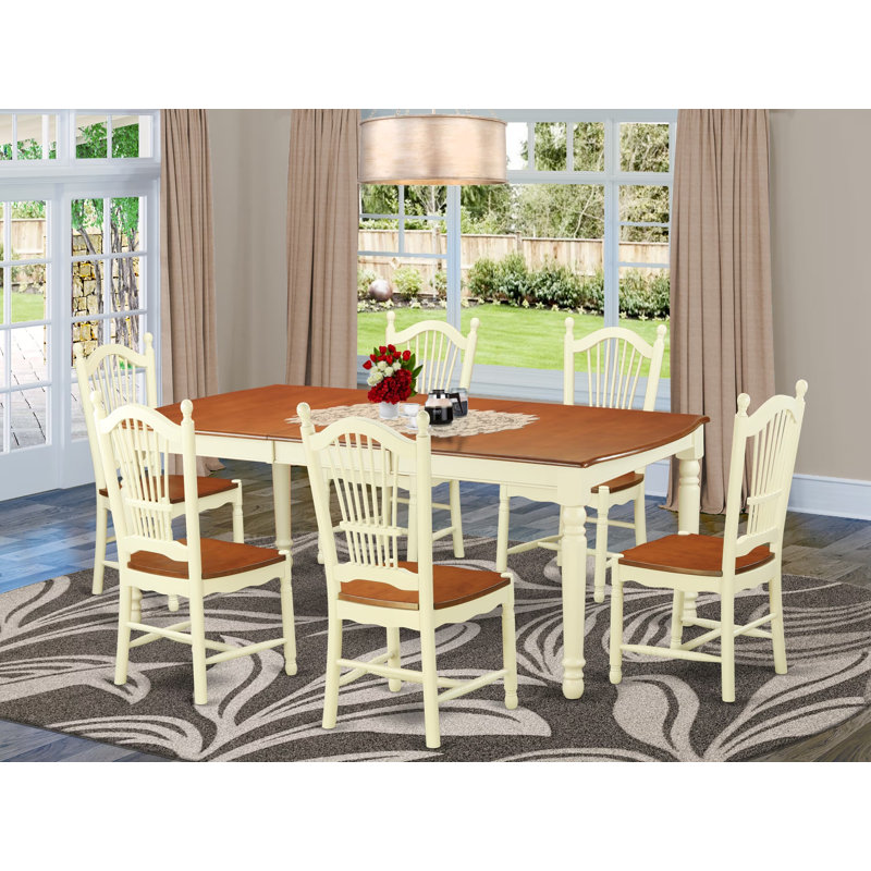 Ensemble de meubles de salle à manger 7 pièces comprenant une table de cuisine rectangulaire avec rallonge papillon et 6 chaises de salle à manger, 42 po x 78 po, babeurre et cerise