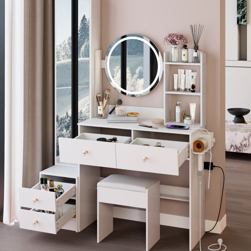 17" Round LED Lighted Vanity Table Set with Stool, Touch 3 Color Mirror, Multi-Layer Storage for Small Spaces
