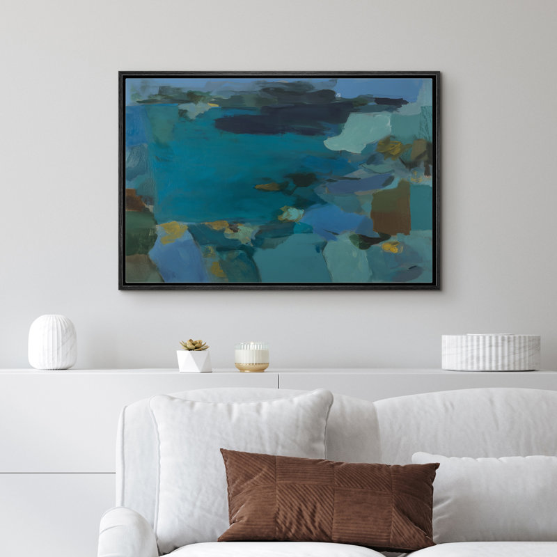 Bleu sarcelle bleu abstrait vue sur la mer vue sur la mer pour le salon, 24" H x 36" W x 1.5" D, Noir