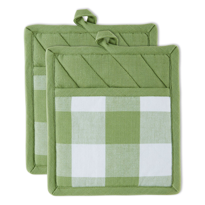Design Imports Checkered Cotton Potholder Set, Antique Green