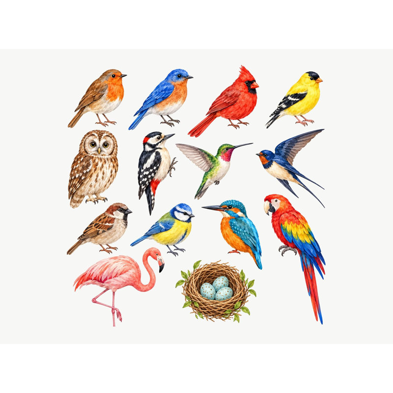 Bird Wall Decals, Set of 14 Peel and Stick Nursery Wall Stickers, Satin Finish Removable Kids Room Wall Art, 20"W x 20"H (50 x 50 cm)