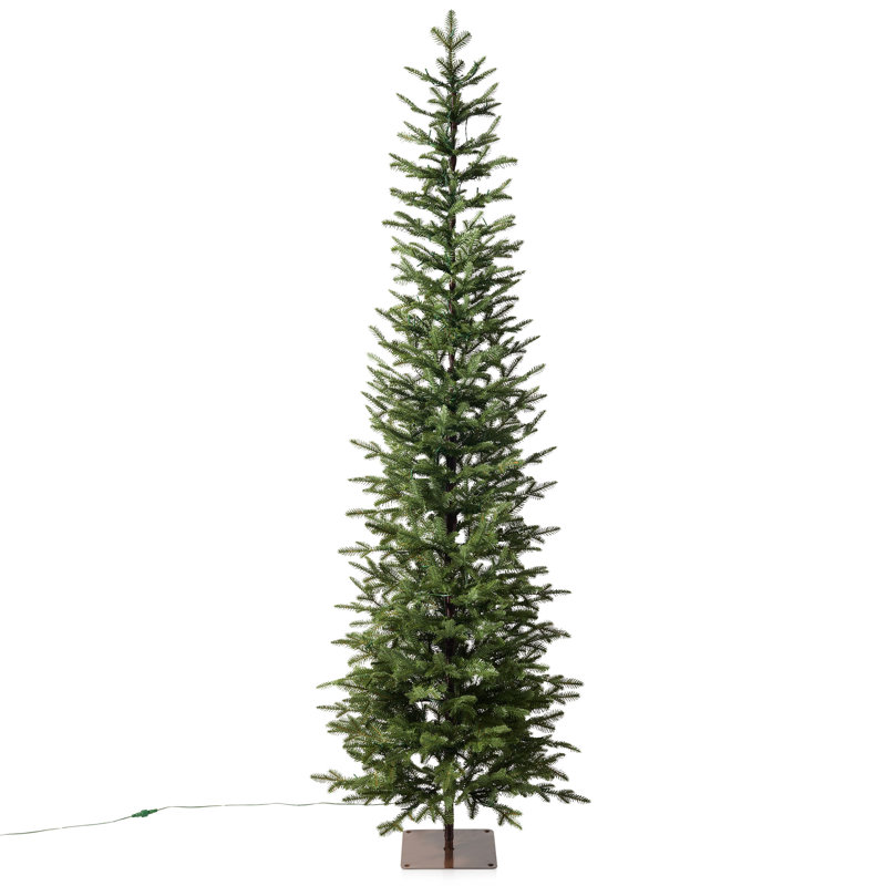 Arbre de Noël illuminé 7 pi avec arbre de Noël PE artificiel mince avec 200 lumières DEL blanc chaud, base en métal compacte pour décor d'appartement, d'entrée, de salon et de bureau