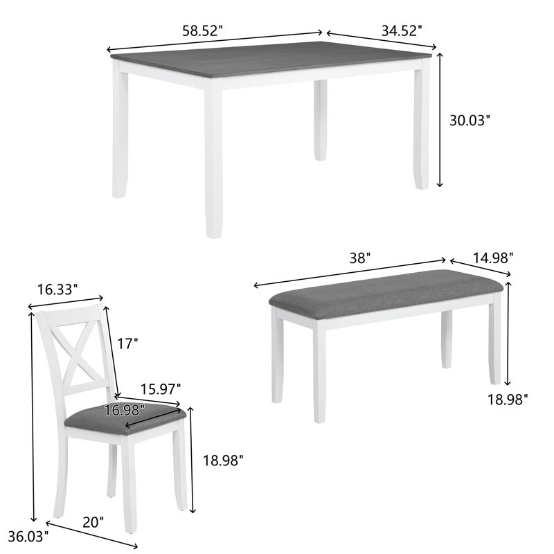 Ensemble de table de salle à manger 6 pièces, chaises en bois à dossier en X, banc rembourré, ferme moderne, salle à manger