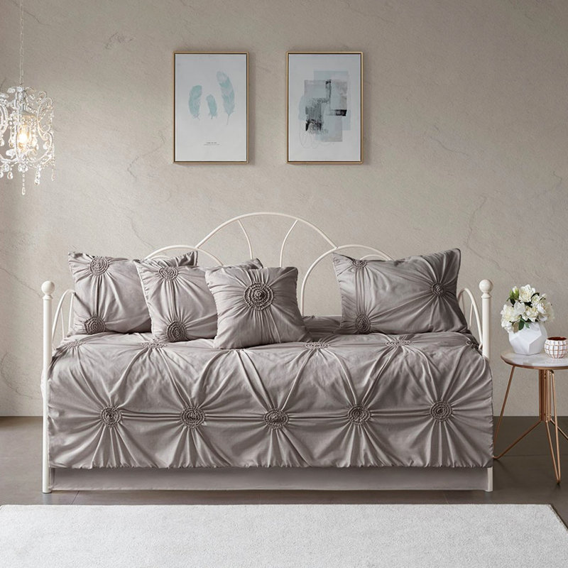 6 Daybed Cover In Dark Gray With Puckered Diamond Shaped Pillow Twin Size Detailing
