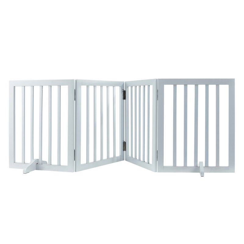 Barrière pour animaux autoportante 24 po H x 80,3 po l, 4 panneaux pliables, extensible pour les escaliers d'intérieur, conception en bois blanc avec support de pied coulissant silencieux et panneau de fonction stable pour chien très large, zones, solide