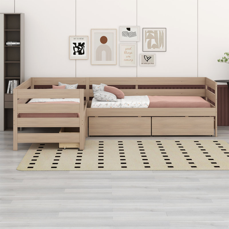 Lit plateforme en L avec trois tiroirs de rangement, Naturel