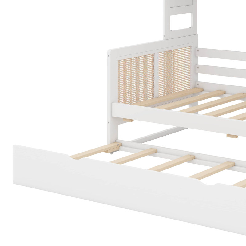 Lit de jour en bois peu encombrant, avec lit gigogne escamotable et compartiments de rangement modulaires, Blanc