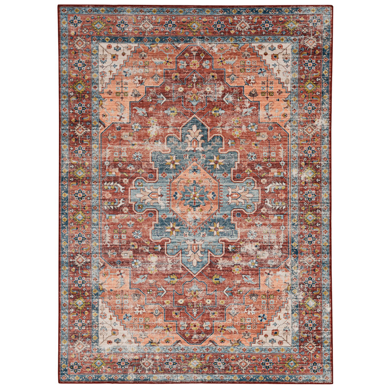 Jakobson Machine Washable Rust and Ivory Area Rug, Rectangle 5' x 7'