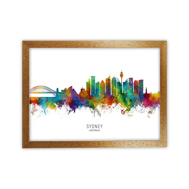 Sydney Australia Skyline by Michael Tompsett - Print, 25cm H x 34cm W x 3cm D, Brown Framed