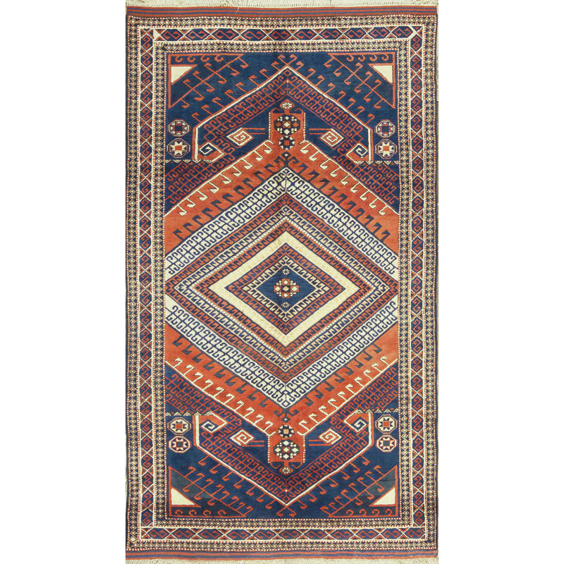 Tapis rouille et bleu marine de haute qualité noué à la main
