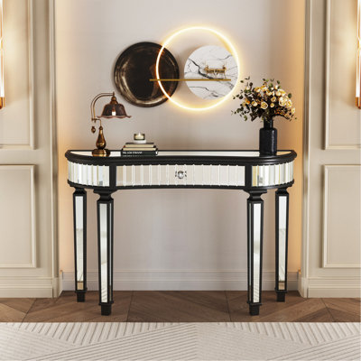 Console à miroir en demi-lune 47 po avec tiroir en verre cannelé et poignée en cristal