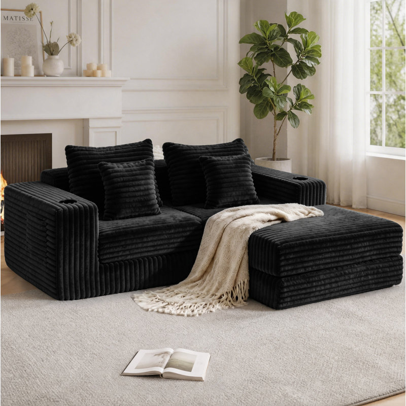 Canapé modulaire 80 po Cloud, canapé-lit en velours côtelé avec siège profond, méridienne réversible, porte-gobelets et poches latérales, sans canapé d'assemblage, noir