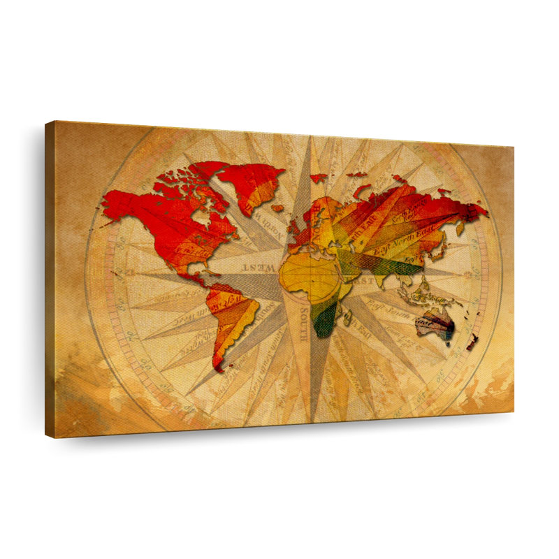 Vieille boussole, carte du monde sur toile, H 32 po x l 48 po x P 1,25 po