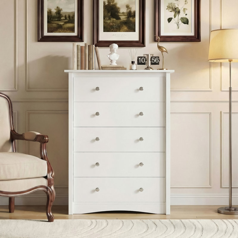 Commode moderne à 5 tiroirs avec ensemble anti-basculement, grande commode en bois pour le rangement de la chambre à coucher ou du salon