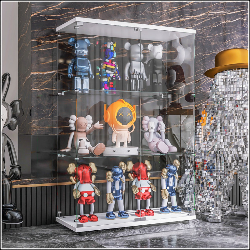 2-door Glass Display Cabinet 3 Shelves with Door, Floor Standing Curio Bookshelf