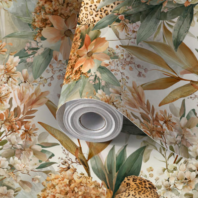 Papier peint adhésif peler et coller en PVC, revêtement mural auto-adhésif amovible avec léopard floral féminin, reproduction d'art abstraite, imperméable pour la décoration intérieure - rouleau