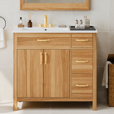 Meuble-lavabo en bois 36 po avec structure en bois massif, 2 portes à fermeture douce, 3 tiroirs à fermeture douce