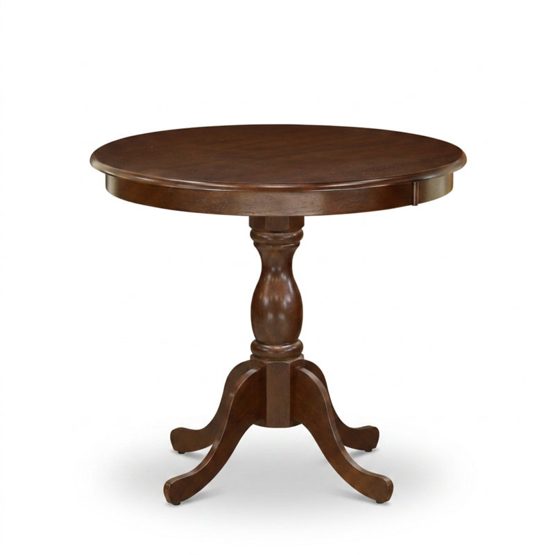 Ensemble table et chaises de salle à manger rondes en acajou, avec piètement double et dossier en X.