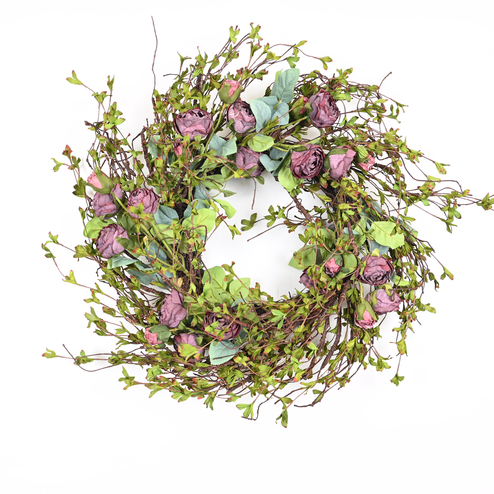 24" Artificial Farmhouse Spring Summer Rose Floral Wreath For Front Door Greenery Twig Home Wedding Party Wall Decor, Purple