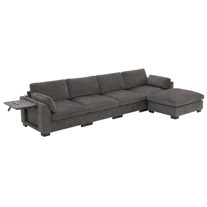 130" Modular Sectional Sofa, L-Shape with Folding Table and Dual-Port Charging, Side Storage Pockets, 2 Armrest Pillows, Free Movement Ottoman, High Density Foam, Chenille, 5 Seat