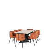 Waterfall Modern Rectangular Marble Dining Table Set with Sculptural Base and 8 Woven Chairs – 9-Piece Contemporary Dining Room Set