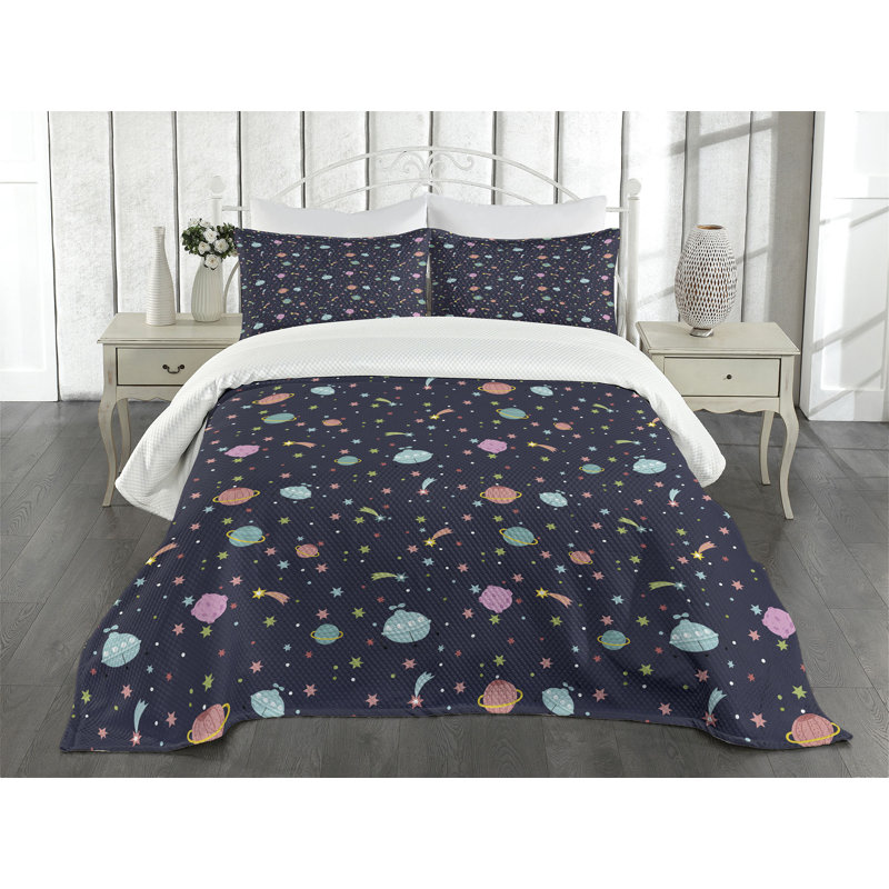 Ambesonne Space Bedspread Set  Alien Planets Asteroid  Multicolor, King Coverlet / Bedspread + 2 Standard Shams