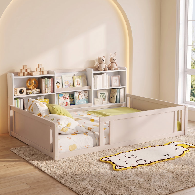 Lit double sur pied en bois avec tablettes de rangement pour enfants, Lit double, Blanc nu
