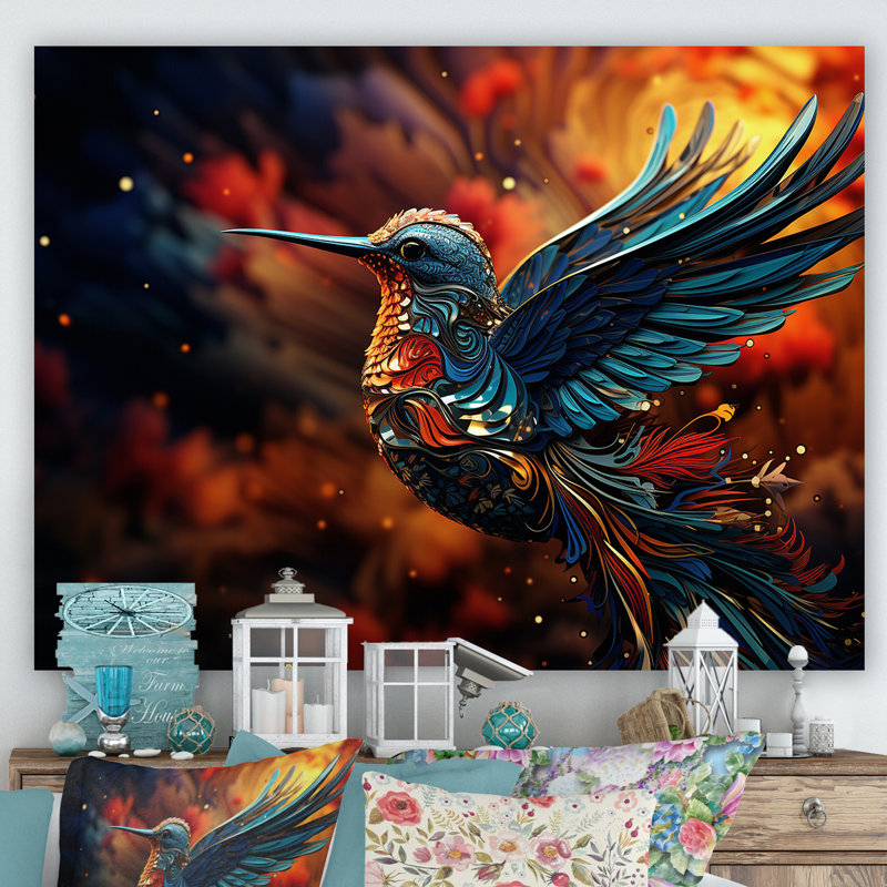 Colibri bleu, vol des tropiques - Art mural colibri, Toile tendue, H 34 po x l 44 po x P 1,5 po