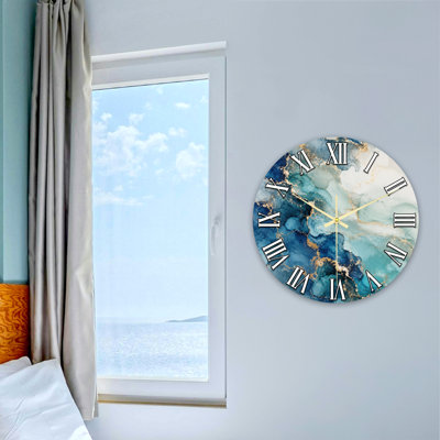 Abstract Blue Marble Pattern With Gold Accents And Roman Numerals Ultra Clear Glass Wall Clock