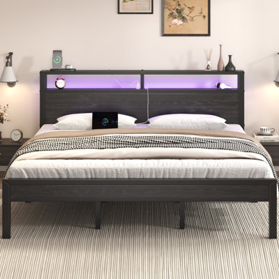 King Metal Platform Bed with 2-tier shelves, RGB LED Light, Charging Station, Easy Assembly, Black