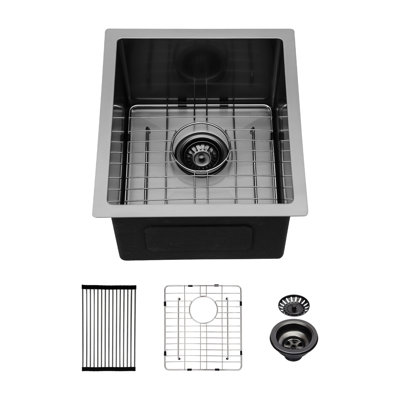 Bassin de cuisine noir en acier inoxydable de 15 po x 17 po x 10 po, eau et huile de calibre 16, ensemble de drain inclus, évier encastré de 15 po x 17 po x 10 po, robuste 16 g, coin R10 pour optimiser l'espace