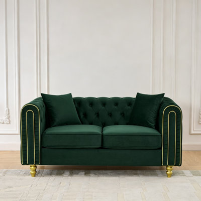 Canapé Chesterfield de 63 po, canapé 2 places en velours confortable avec accoudoirs arrondis capitonnés et pieds dorés