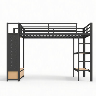 Structure de lit mezzanine avec garde-robe, lit mezzanine en métal avec tablettes de rangement et panneau perforé