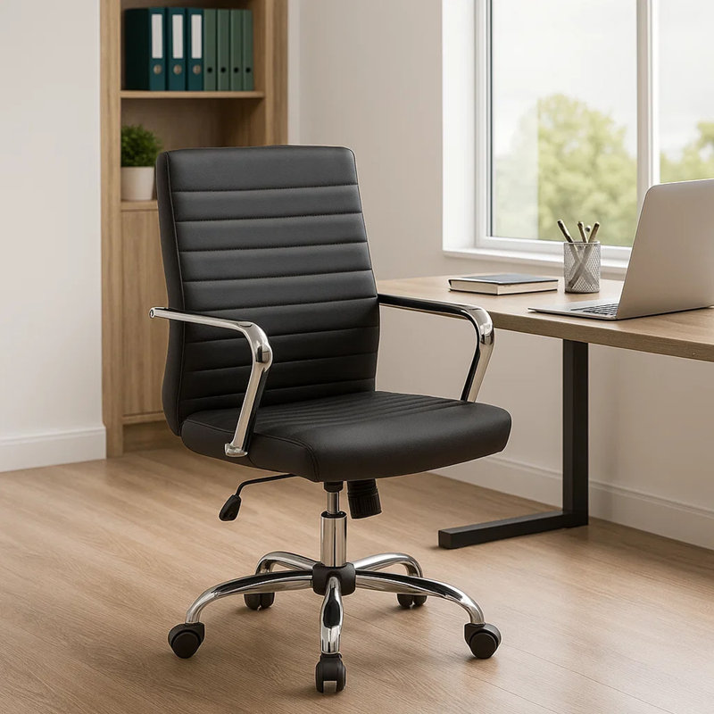 Swivel Task Chair, Black Vinyl, Chrome Base And Arms, Caster Wheels