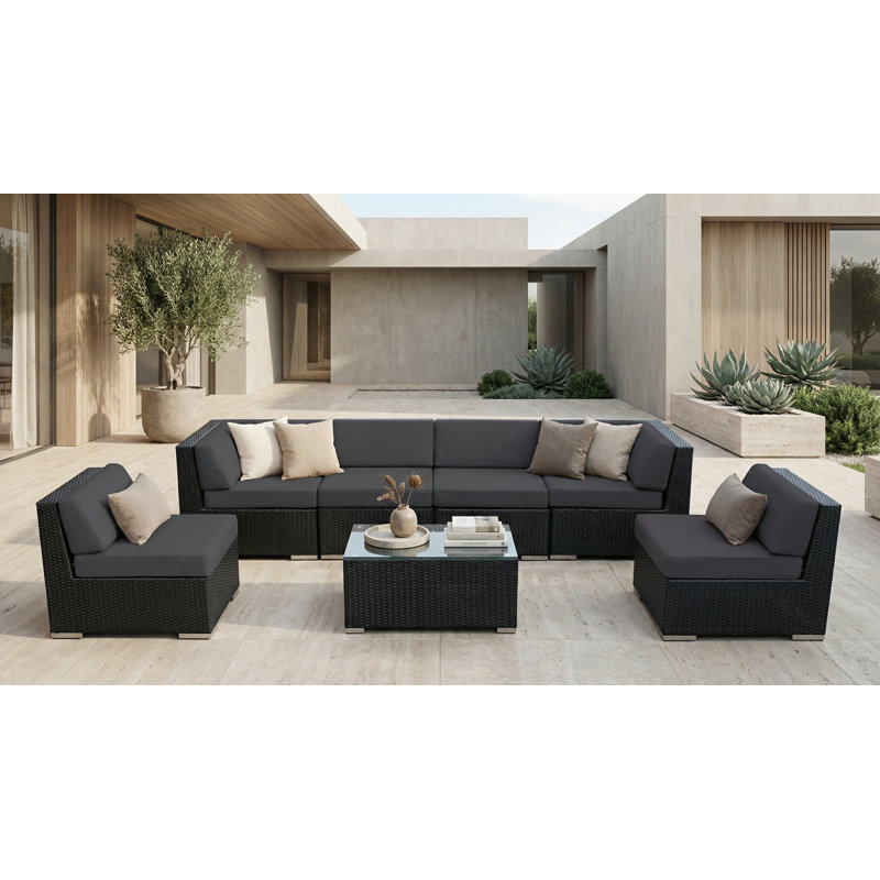 Barneveld Wicker 6 - Person Seating Group with Cushions - No Assembly, Black, Coal Sunbrella® Canvas