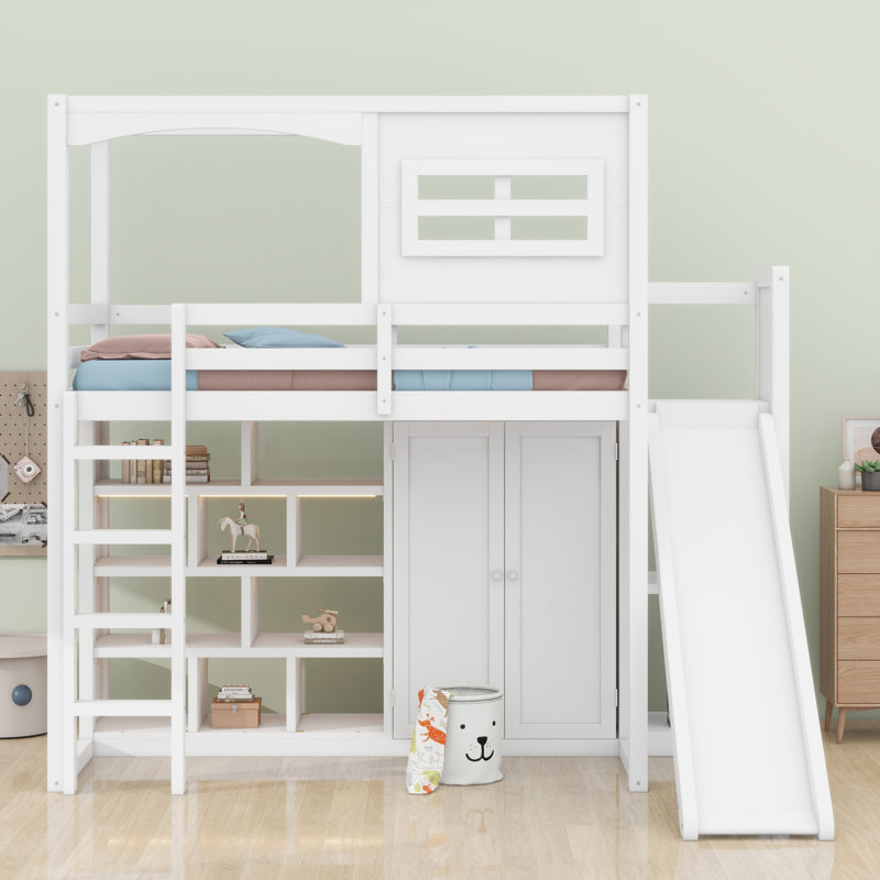 Lit mezzanine en bois avec garde-robe, tablettes de rangement, glissoire et DEL
