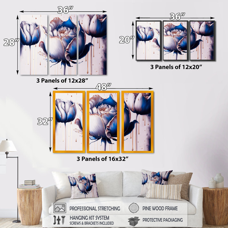 «Ice Blue and Gold Paint Drip Tulip II», reproduction de 3 pièces, H 28 po x l 36 po x P 1 po, Cadre noir