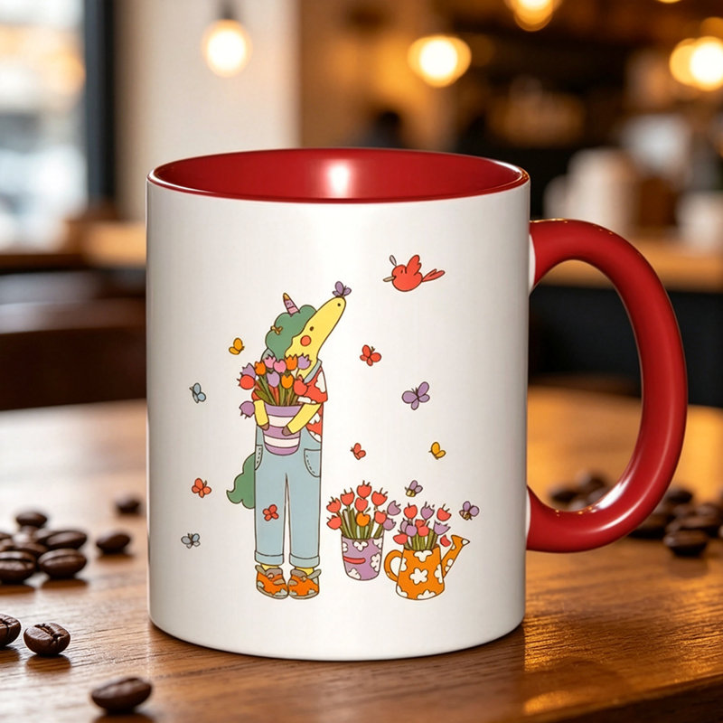 1pc Cute Bunny with Tulips & Floral Print Ceramic Coffee Mug - White Rabbit & Pastel Floral Design, Non-Slip Grip, Dishwasher Safe.