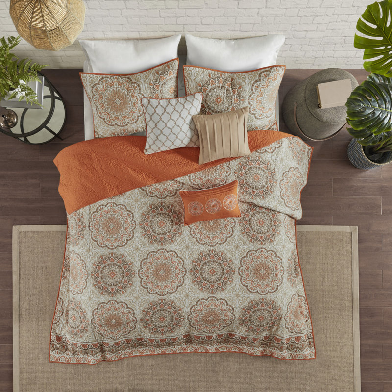 Piece Reversible Orange Quilt Set With Throw Pillows - queen