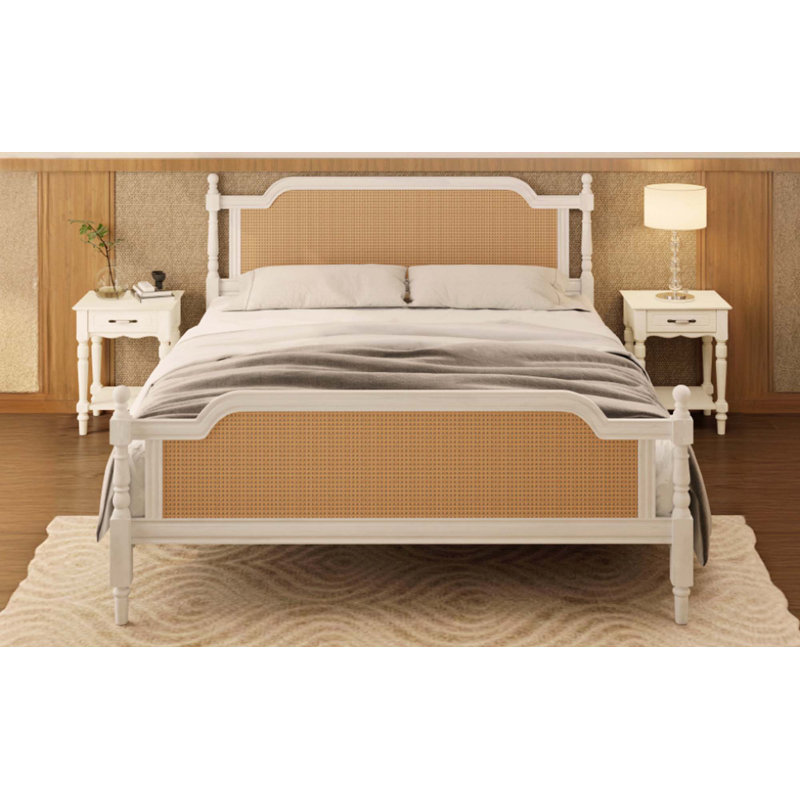 Structure de lit en rotin de style traditionnel, aucun sommier nécessaire, Blanc antique, Grand