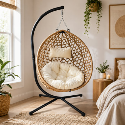 Foldable Hanging Egg Chair with Stand Supports 350 lbs Indoor Outdoor Patio Chair with Cushion